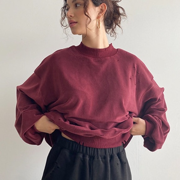 Bailey Rose Tops - Bailey Rose Oversized Destroyed Fleece Burgundy Sweatshirt S